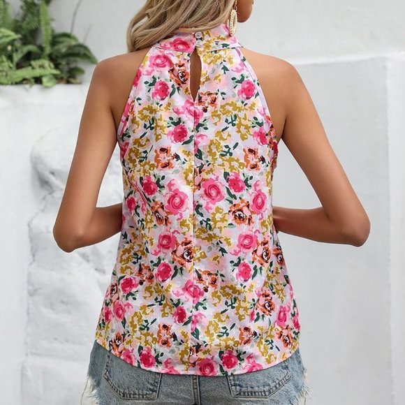 Floral Keyhole Back Halter Neck Blouse - Picture 3 of 5